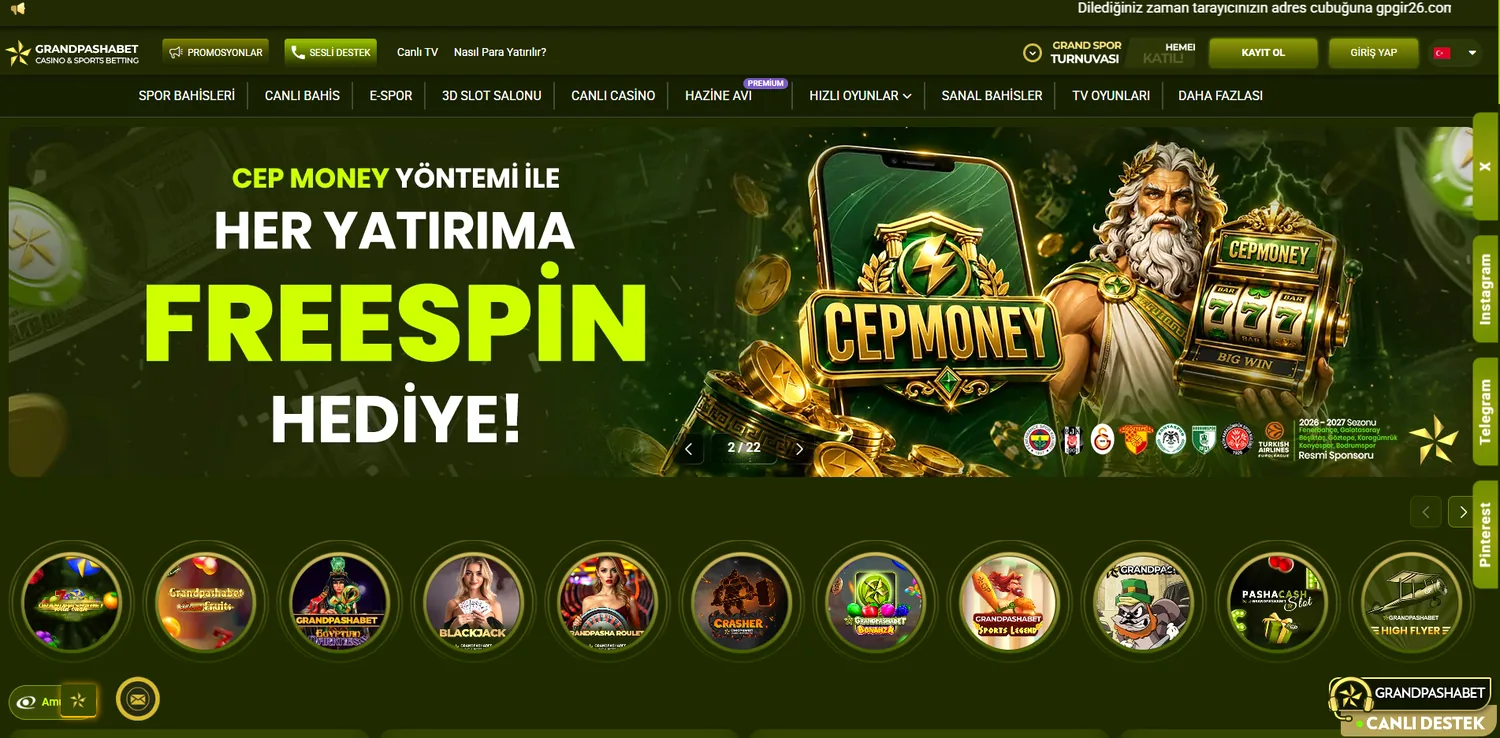 Grandpashabet platform arayüzü — kampanya vitrini ve oyun kategorileri